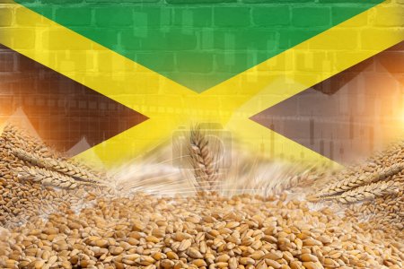 Téléchargez les photos : Groupe de céréales céréalières avec drapeau jamaïcain et illustration de texture murale. céréales commerce économie concept - en image libre de droit