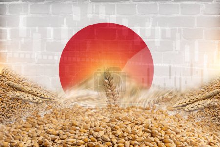Téléchargez les photos : Groupe de céréales céréalières avec drapeau du Japon et illustration de texture murale. céréales commerce économie concept - en image libre de droit