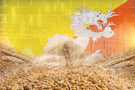 Gruppe von Getreide mit Bhutan-Flagge und Wandtextur Illustration Poster-Design. Getreidehandelswirtschaftskonzept