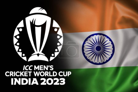 Téléchargez les photos : ICC hommes Coupe du monde de cricket 2023 logo et drapeau de l'Inde fond de style fusion. - en image libre de droit