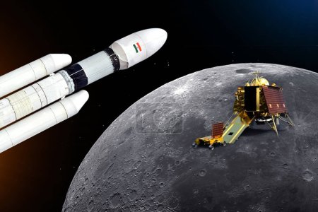 Foto de Chandrayaan 3 with their lander and Rover on moon background. elements of this image furnished by NASA and ISRO. illustration image. - Imagen libre de derechos