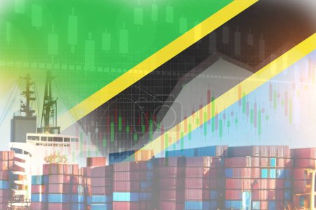 Foto de Tanzania flag with containers in ship. trade graph concept illustrate poster design. - Imagen libre de derechos