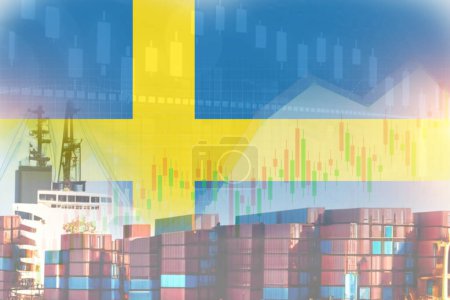 Foto de Sweden flag with containers in ship. trade graph concept illustrate poster design. - Imagen libre de derechos