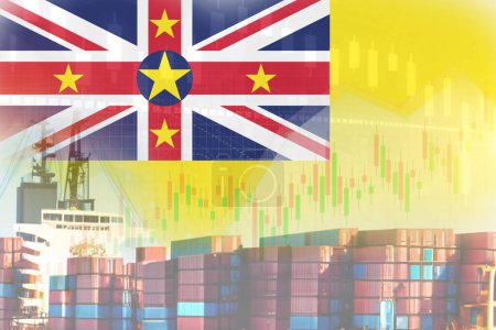 Niue flag with containers in ship. trade graph concept illustrate poster design.