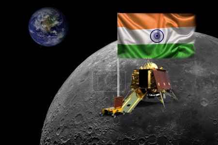 Téléchargez les photos : Chandrayaan 3 et leur atterrisseur ont atterri avec succès sur la lune avec le drapeau de l'Inde. éléments de cette image fournis par la NASA et ISRO. - en image libre de droit
