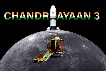 Téléchargez les photos : Chandrayaan 3 et leur atterrisseur ont atterri sur la lune avec texte. éléments de cette image fournis par la NASA et ISRO. - en image libre de droit