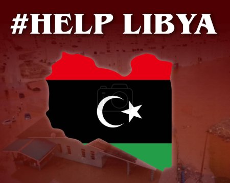 Ayuda Libia texto ilustración cartel diseño.