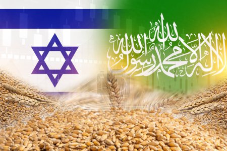 Téléchargez les photos : Groupe de céréales céréalières avec dessin d'affiche du drapeau israélien et du Hamas. concept de commerce alimentaire. - en image libre de droit