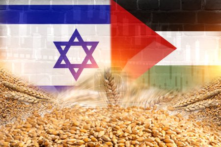 Téléchargez les photos : Groupe de céréales céréalières avec Israël et Palestine dessin d'affiche drapeau illustration. concept de commerce alimentaire. - en image libre de droit