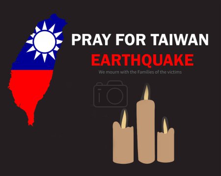 Ore por las víctimas del terremoto de Taiwán con diseño de póster de vigilia con velas. aislado sobre fondo oscuro.