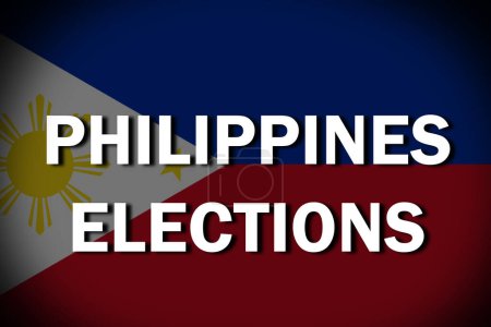 Filipinas Texto de las elecciones con su bandera ondeada sobre baja opacidad y fondo oscuro.
