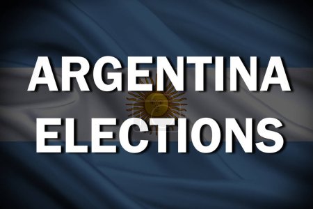 Argentina Texto de las elecciones con su bandera ondeada sobre baja opacidad y fondo oscuro.