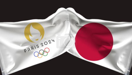 Foto de Los Juegos Olímpicos de París ondearon la bandera con la bandera japonesa ondeada. aislado sobre fondo oscuro. - Imagen libre de derechos