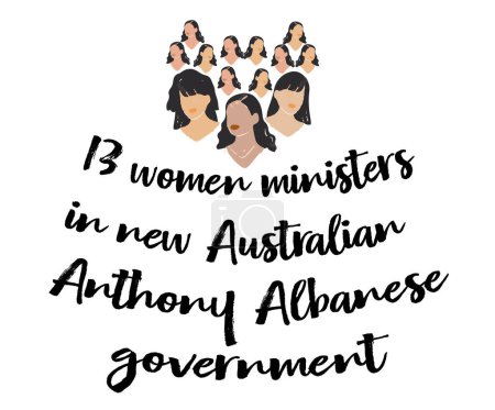 Illustrazione per 13 donne ministri nel nuovo governo australiano Anthony Albanese. lettering disegno vettoriale-illustrazione. sfondo bianco. - Immagini Royalty Free