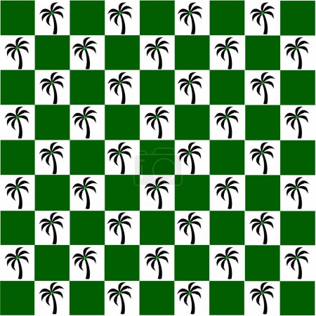 Ilustración de Forma cuadrada verde oscuro y blanco con silueta de cocotero diseño de patrón sin costuras. - Imagen libre de derechos