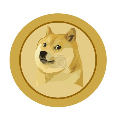 Dogecoin DOGE criptomoneda aislada sobre fondo blanco, cara del perro Shiba Inu en moneda, ilustración vectorial.