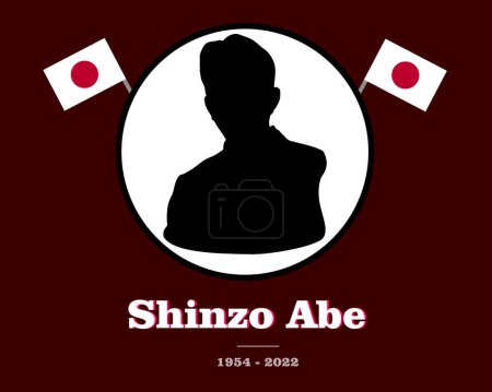 Ilustración de Japón ex primer ministro Shinzo Abe silueta con dos banderas de Japón signo y su nombre de texto. ilustración vectorial. - Imagen libre de derechos
