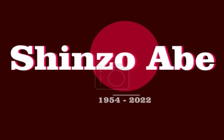 Ilustración de Japón ex primer ministro Shinzo Abe nombre de texto con su nacimiento y muerte año. aislado sobre fondo rojo oscuro. ilustración vectorial. - Imagen libre de derechos