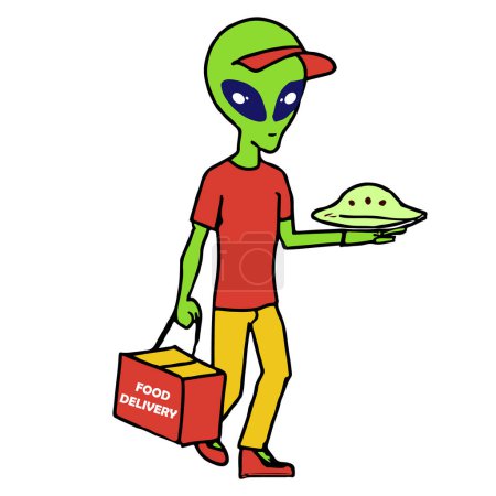 Illustration for Alien as a food delivery boy, Colorful vector design. isolated on white background. - Royalty Free Image