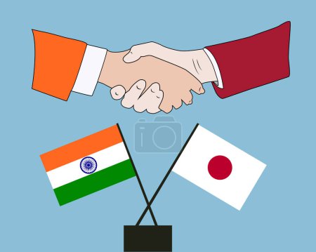 Hands shaken together with India and Japan flags crossed sign design. Concept of two countries friendship.