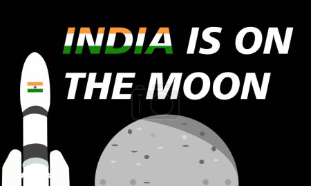 Ilustración de India está en el texto de la luna con Chandrayaan 3 satélite con diseño de vectores de dibujos animados de la luna. - Imagen libre de derechos