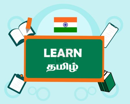 Ilustración de Aprender Tamil Texto del idioma con símbolos de aprendizaje y diseño de signos de bandera de la India. vector-eps10. - Imagen libre de derechos