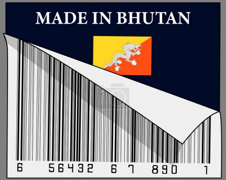 Illustration for Made in Bhutan text and their country flag sign with half scrolled barcode label design. Isolated on gray background. - Royalty Free Image