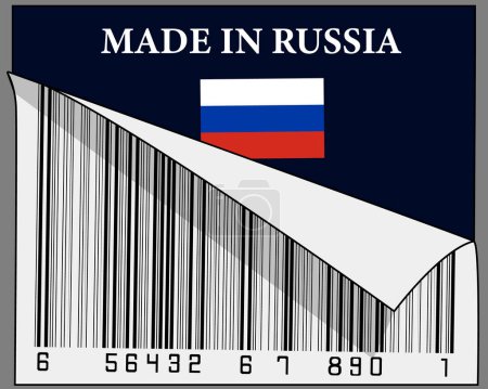 Téléchargez les illustrations : Fabriqué en Russie texte et leur signe de drapeau de pays avec un design d'affiche de demi-code-barres. Isolé sur fond gris. - en licence libre de droit
