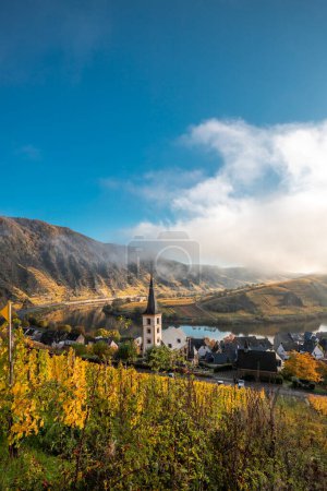 Photo for The Moselle loop, a beautiful river in Germany, makes a 180 degree loop. with vineyards and a great landscape and lighting in the morning - Royalty Free Image
