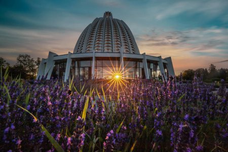Téléchargez les photos : Le Bahaitum, l'église du Temple ou la maison de culte derrière les champs de lavande en fleurs avec étoile de soleil le matin. Hofheim, Taunus, Allemagne - en image libre de droit