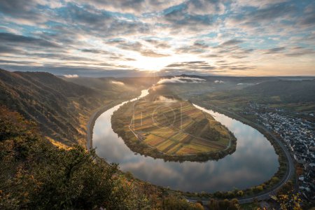 Photo for The Moselle loop, a beautiful river in Germany, makes a 180 degree loop. with vineyards and a great landscape and lighting in the morning - Royalty Free Image
