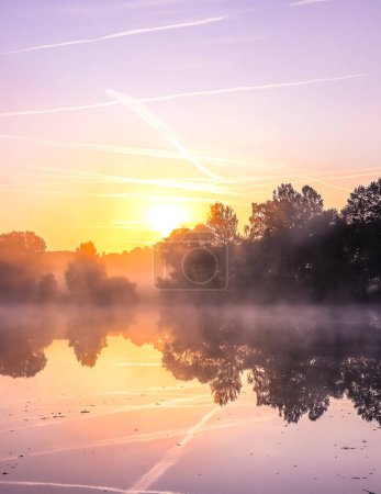 Foto de Puesta de sol sobre el lago hermoso amanecer en un lago en Alemania. con reflejo en el agua tranquila y hermosa naturaleza verde - Imagen libre de derechos