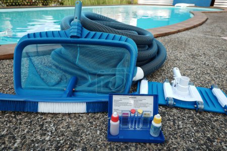 Photo for Swimming pool equipment, pool cleaning accessories. - Royalty Free Image