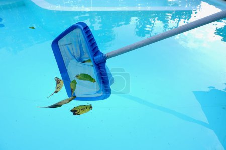 Foto de Limpieza de la piscina con red scoop, mantenimiento de agua de la piscina. - Imagen libre de derechos