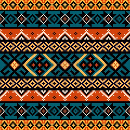 Ilustración de Patrón étnico geométrico, nativo tribal tradicional decoración de la frontera para el fondo, fondo de pantalla, vector de ilustración, textil, tela, ropa, batik, alfombra, bordado. - Imagen libre de derechos
