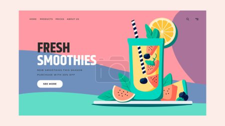 Illustration for Healthy smoothie with fruits, fresh landing page template - Royalty Free Image