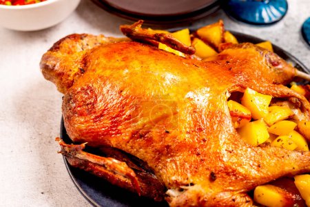 Hausgemachter Entenbraten. Knusprige ganze gebratene Ente auf Teller mit Kartoffeln und Zwiebeln. Erntedank oder Weihnachtsessen.