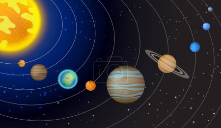 Ilustración de Nuestro sistema solar, comienza la luz, cinturón de asteroides y universo sobre fondo oscuro. ilustración vectorial - Imagen libre de derechos