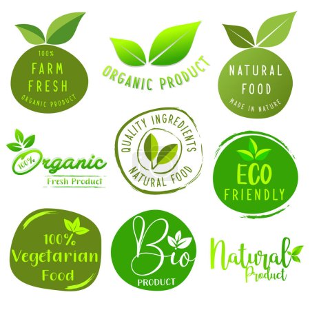 Logoset, Aufkleber und Abzeichen für biologische Lebensmittel und Getränke, Naturprodukte, gesundes Leben, Lebensmittelgeschäft und Produktwerbung.