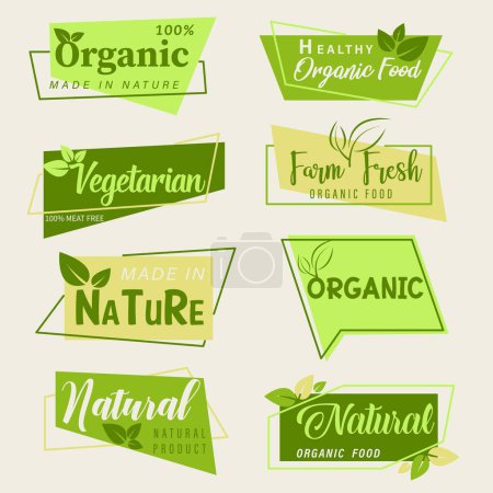 Biolebensmittel, Naturkost, gesunde Lebensmittel und Logos von Biolebensmitteln oder Naturprodukten, Symbole, Abzeichen und Aufkleber für Lebensmittel- und Getränkemarkt, E-Commerce, Bioprodukte, Naturprodukte-Promotion.