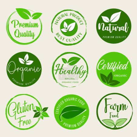 Logoset, Aufkleber und Abzeichen für biologische Lebensmittel und Getränke, Naturprodukte, gesundes Leben, Lebensmittelgeschäft und Produktwerbung.