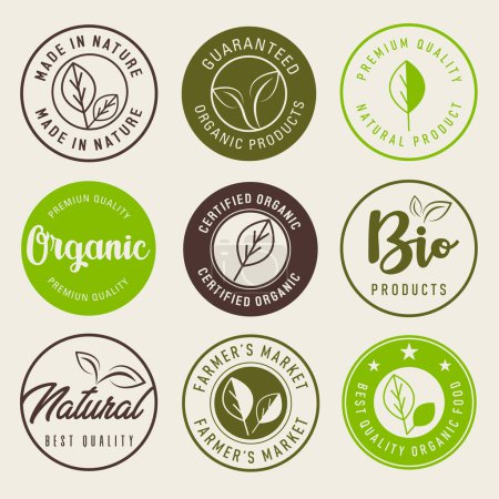 Téléchargez les photos : Aliments biologiques, produits naturels et vie saine logo, autocollants et badges. - en image libre de droit