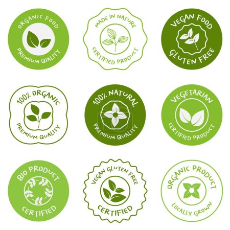 Natur- und Biolebensmittel, Aufkleber für frische und biologische Produkte vom Bauernhof, Abzeichen, Logo und Symbol für E-Commerce, Förderung natürlicher und biologischer Produkte.