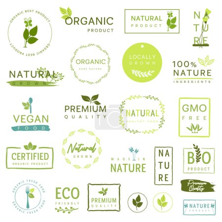 Biolebensmittel, Naturproduktschild und Aufkleber für Lebensmittelmarkt.