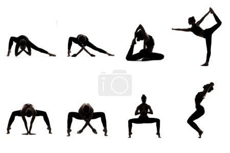 Téléchargez les photos : Femme faisant du yoga asana affiche. Silhouette de yoga. Des poses de yoga. Yoga fitness. Des poses tendues. Isoler. Photo de haute qualité - en image libre de droit