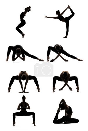 Téléchargez les photos : Femme faisant du yoga asana affiche. Silhouette de yoga. Des poses de yoga. Yoga fitness. Des poses tendues. Isoler - en image libre de droit