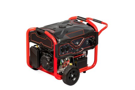 Téléchargez les photos : Générateur de gaz électrique portable rouge et noir isolé sur blanc pour l'énergie de secours. Photo de haute qualité - en image libre de droit