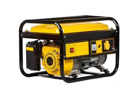 Yellow and black portable electric gas generator isolated on white for backup energy. High quality photo