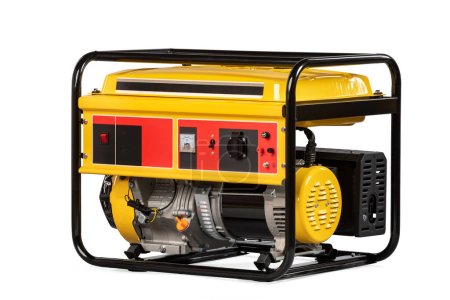 Portable yellow electric generator isolated on white for backup energy.