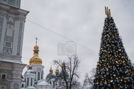 KIEW, UKRAINE 6. DEZEMBER 2023: Der Hauptbaum des Landes wurde auf dem SOFIVSKA-AQUAR aufgestellt, der am NICHOLAS-TAG am Abend OFFIZIELL beleuchtet wurde. MENSCHEN WANDEREN IN IHRER NÄHE
